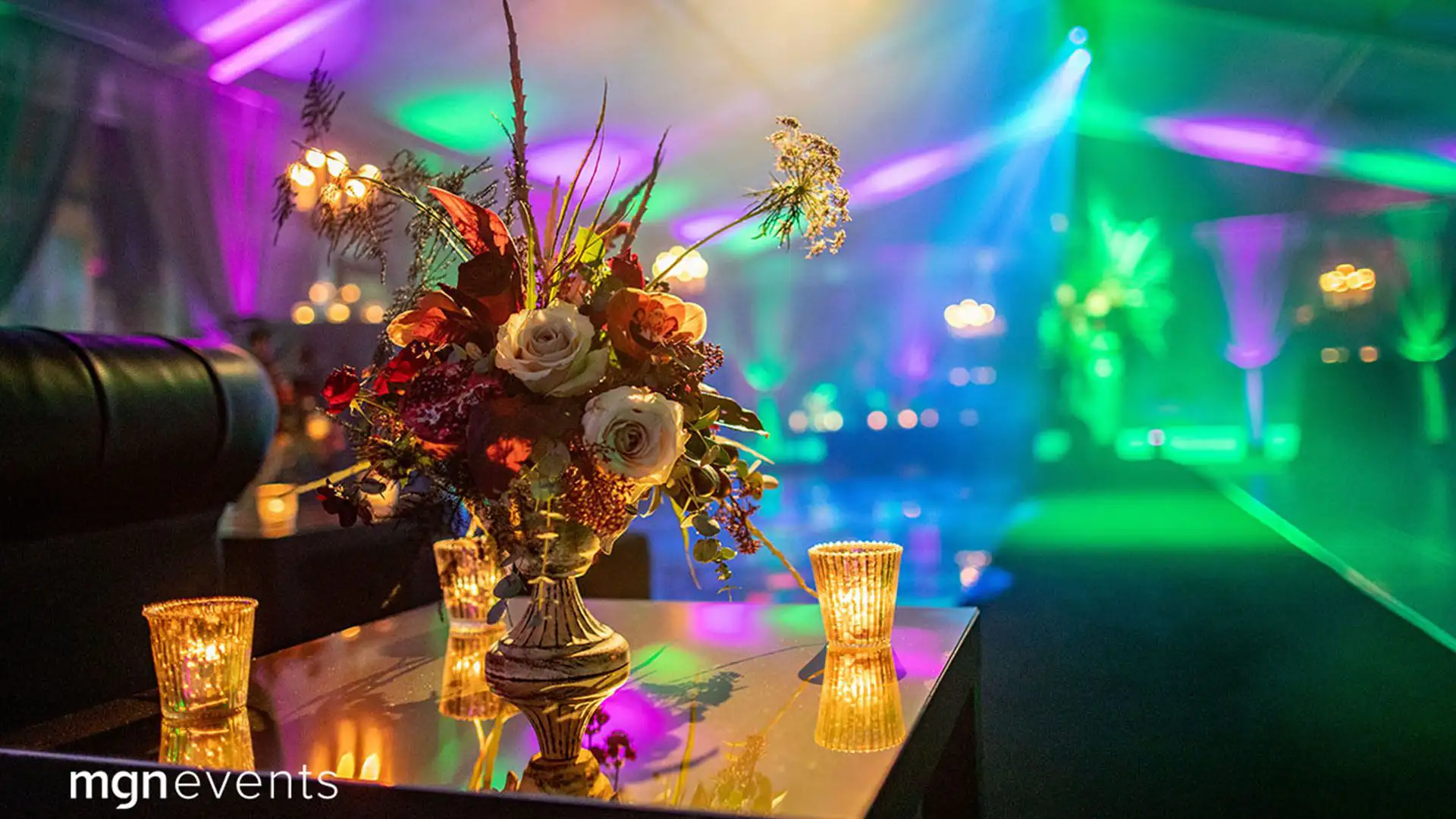 Flowers bunch and lighting luxury event