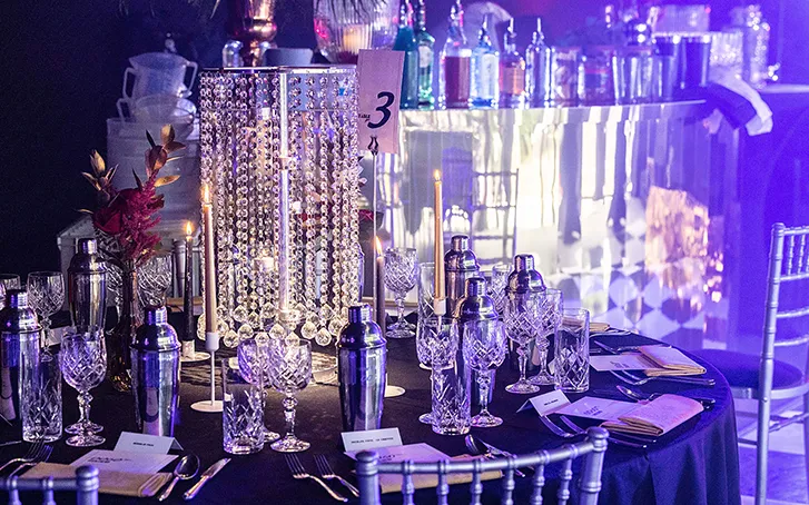 Diamond themed dining set up with cockails