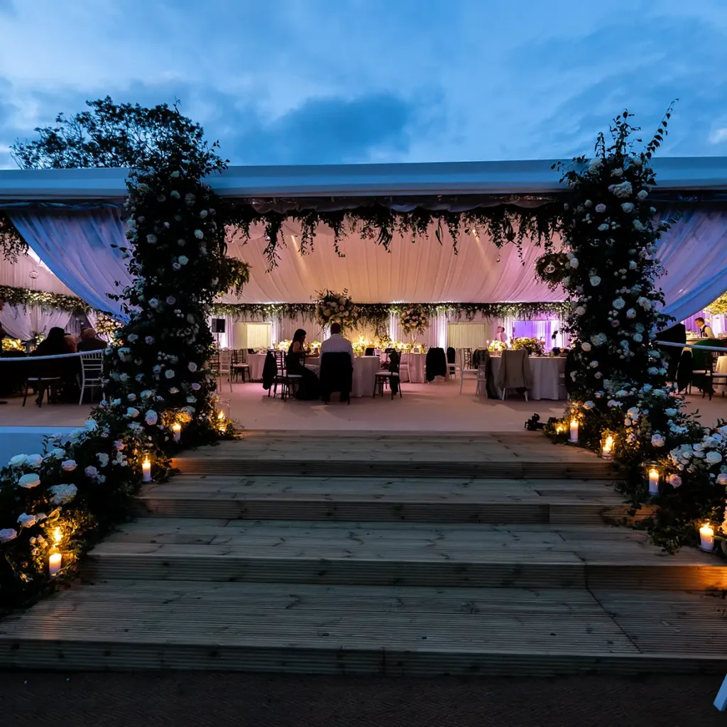 Wedding marquee entrance in evening