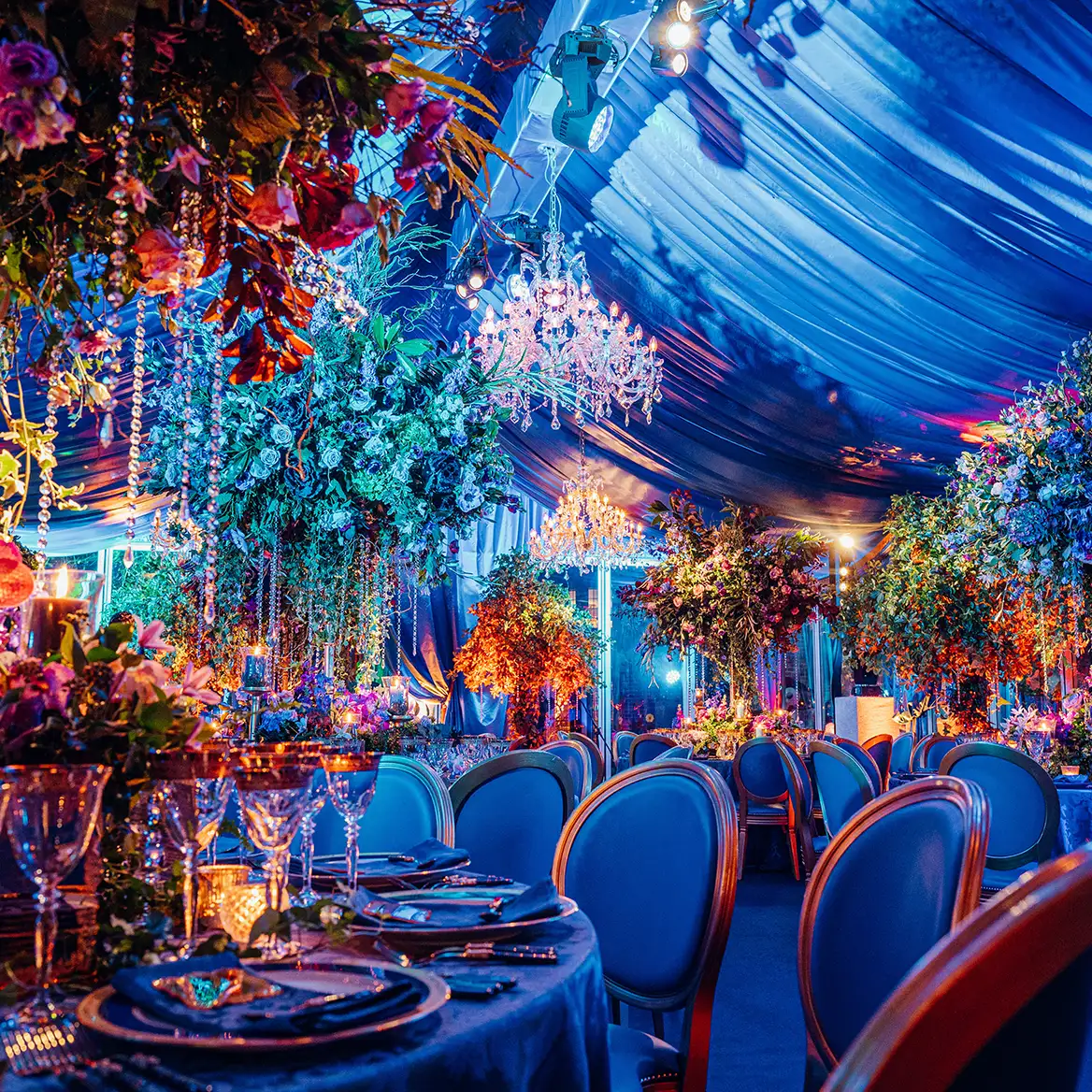 Opulant 60th birthday party marquee interior