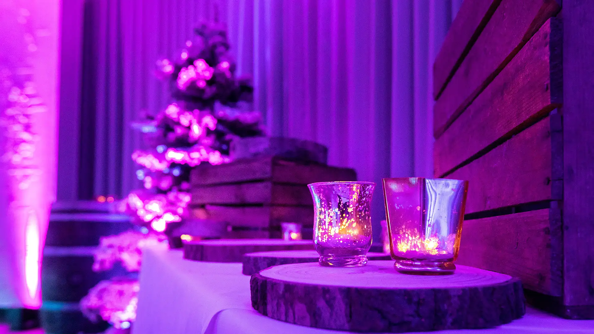 two candles in front of Christmas tree