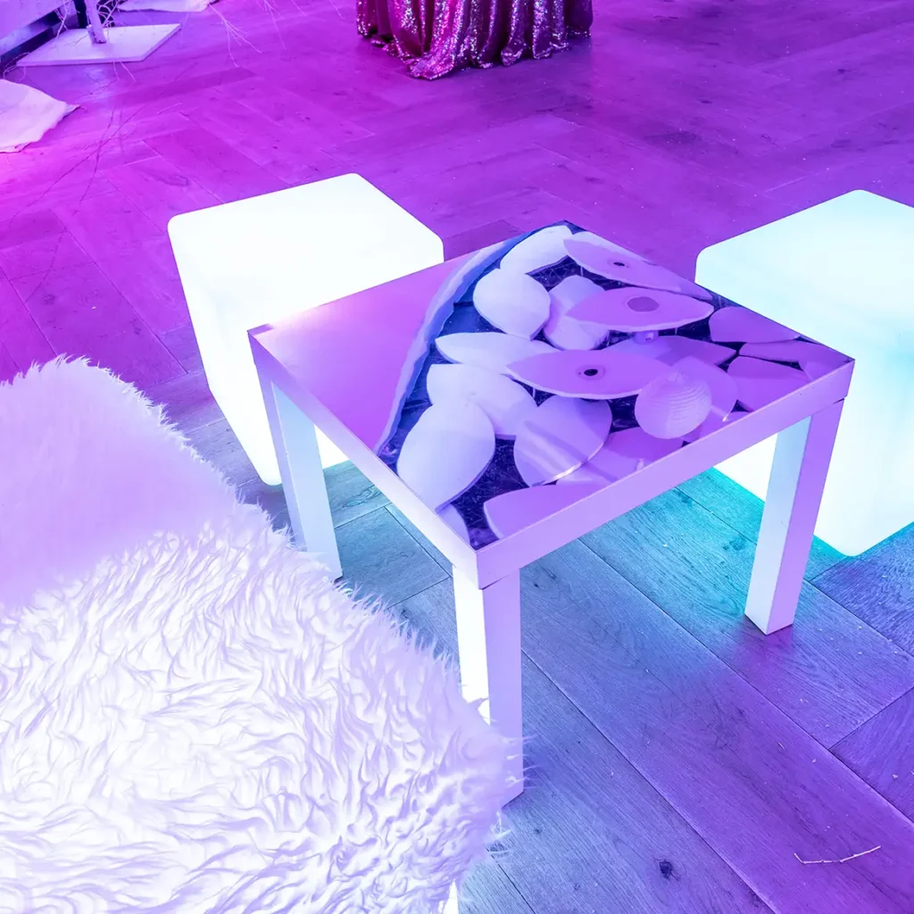 mirror table and LED stools