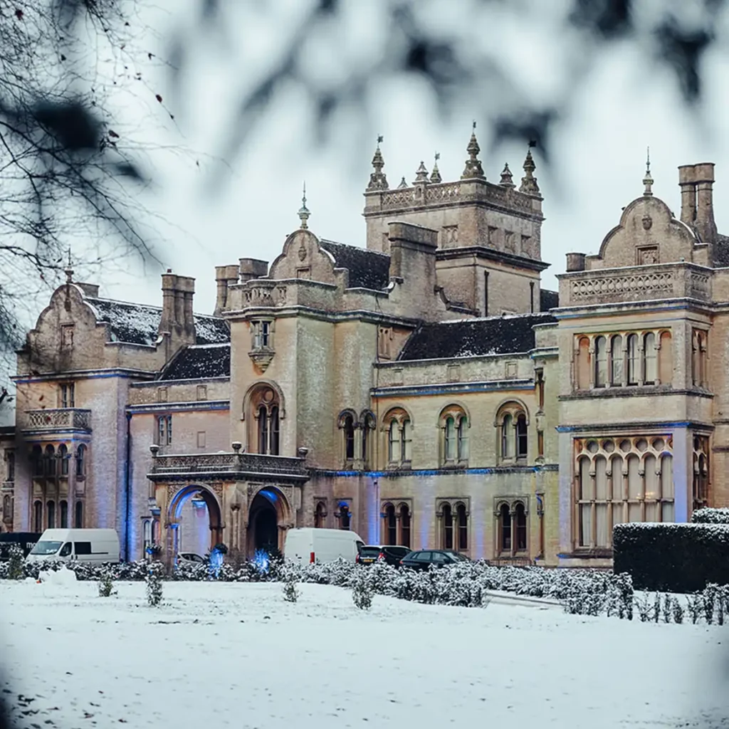 Venue facade in blue wash lights