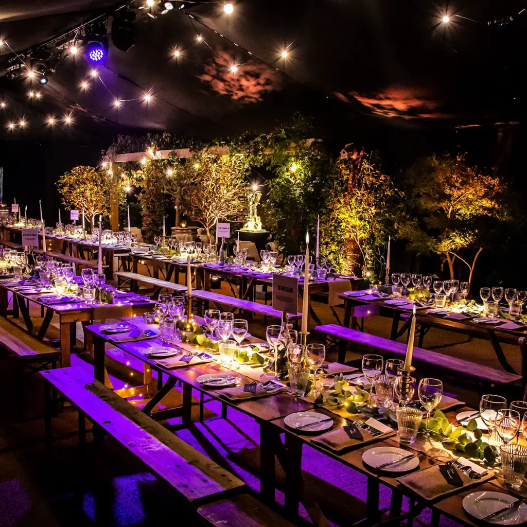 Long trestles with blackout marquee and festoon lighting and foliage