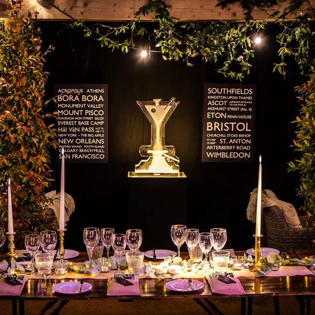 Martini ice sculpture with chalk board posters