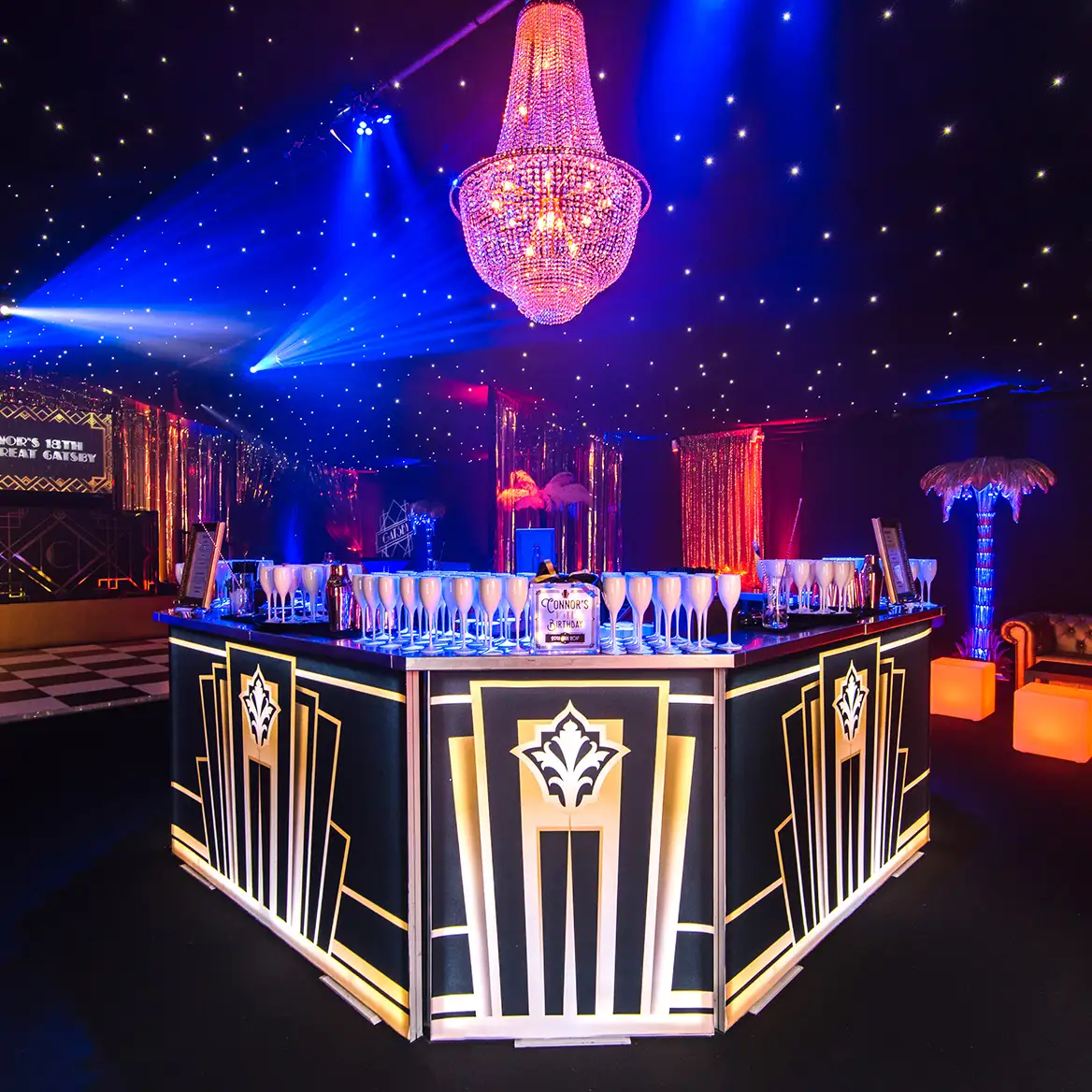 Art deco bar with chandelier in marquee