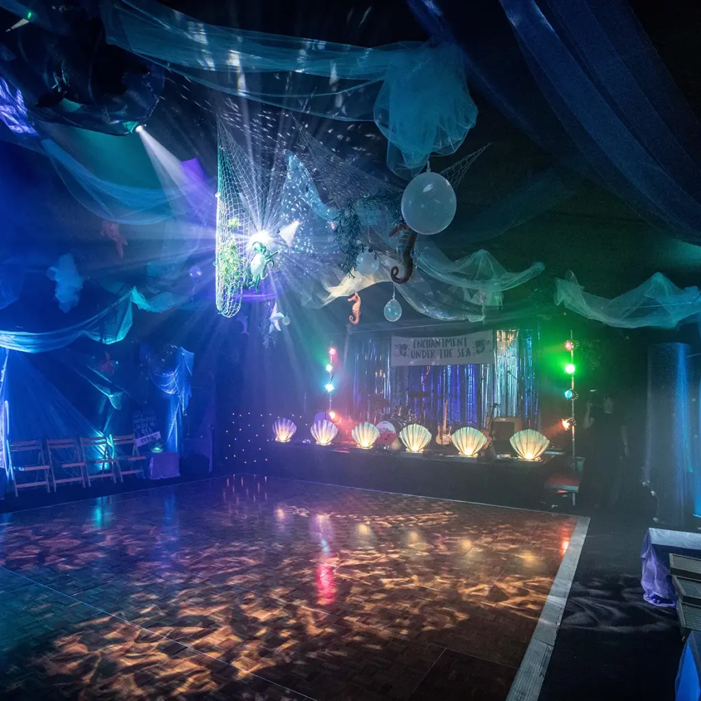 Themed dance area with parquet dance floor