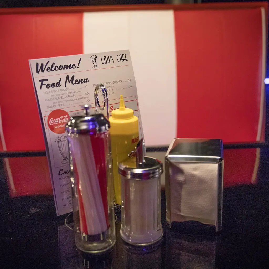 1950s themed cafe menu and salt and pepper shaker
