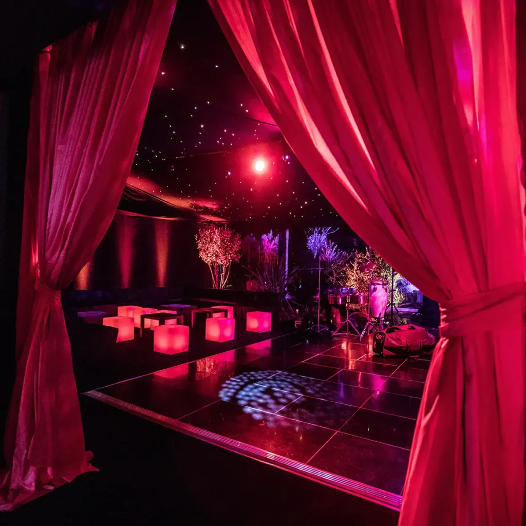 Red draping with black LED dancefloor