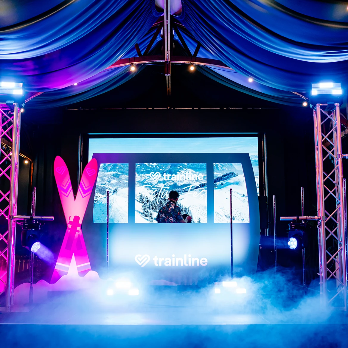 Gondola DJ booth and faux skis for xmas end of year event