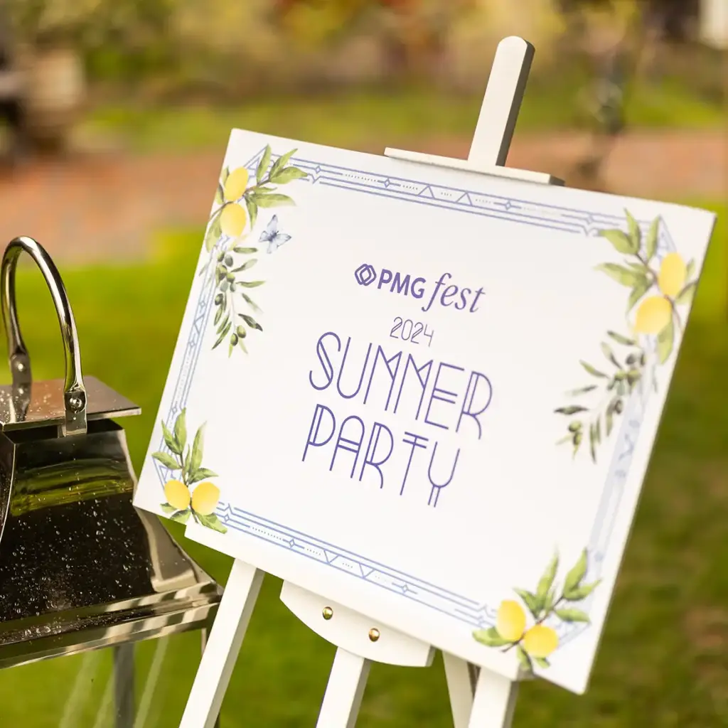 Branded welcome sign to summer party