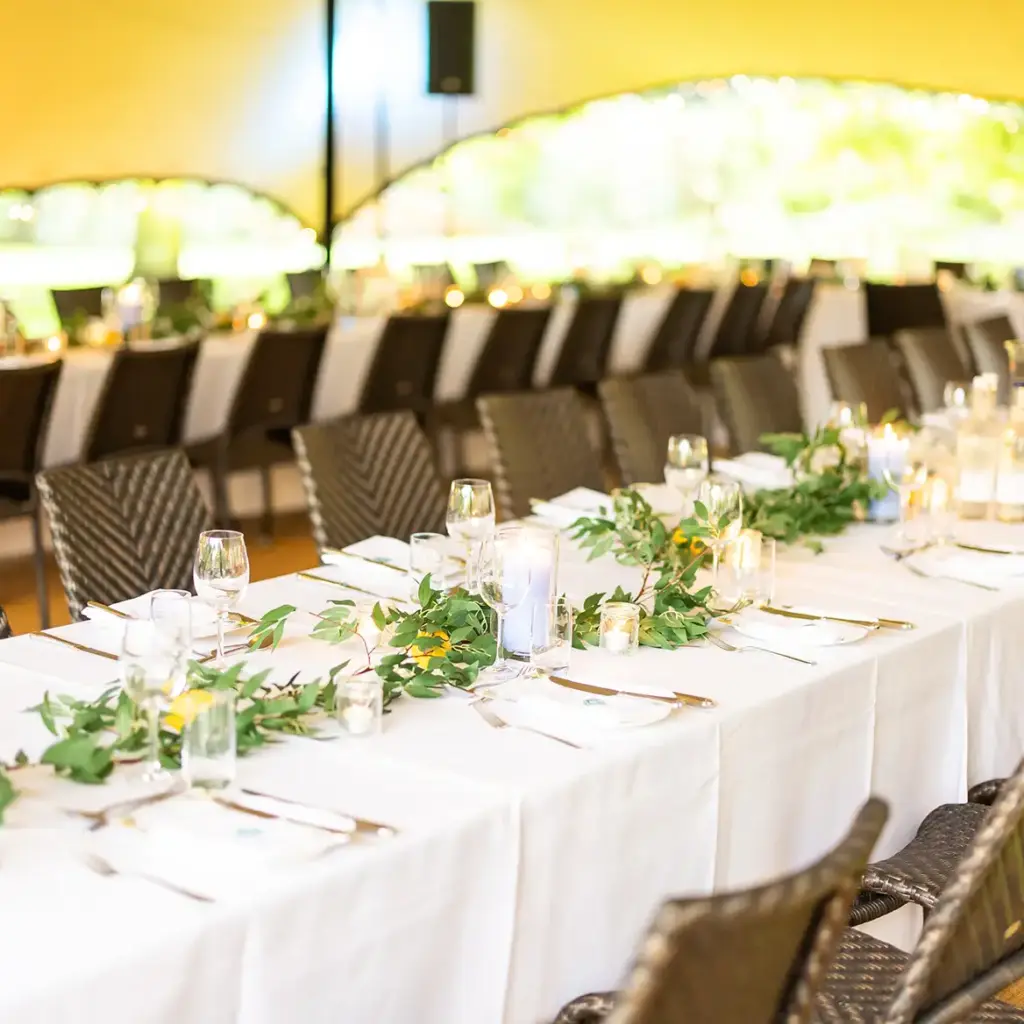 Greek theme table setting with lemons and olive branches