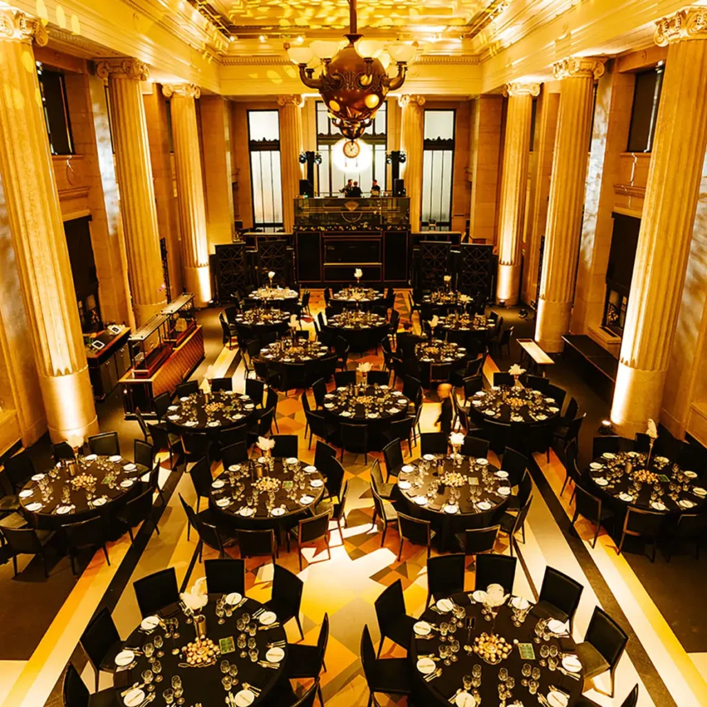 Large round tables in London's Bank Hall
