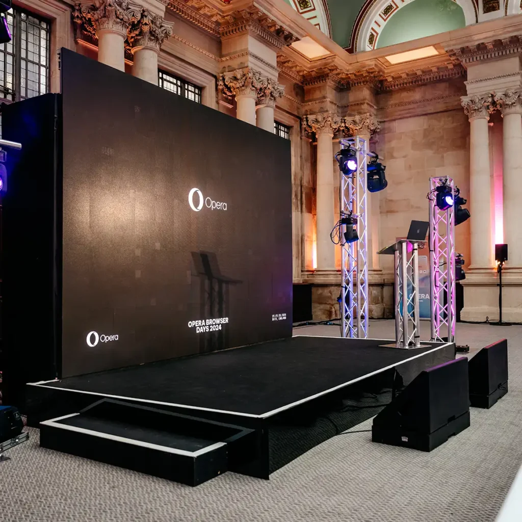 Black stage with trussing, lighting and large LED screen