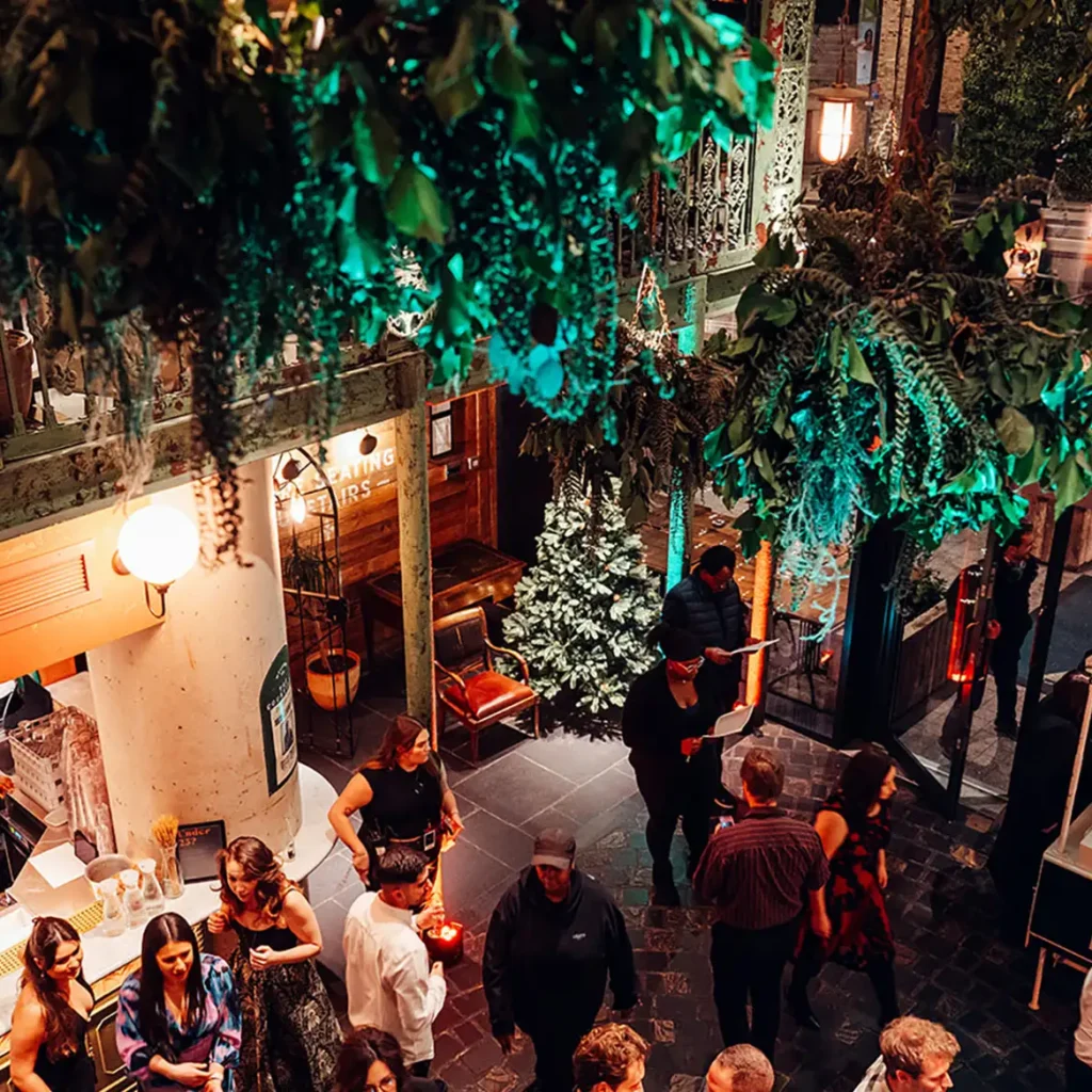 Ariel view of party-goers in event space