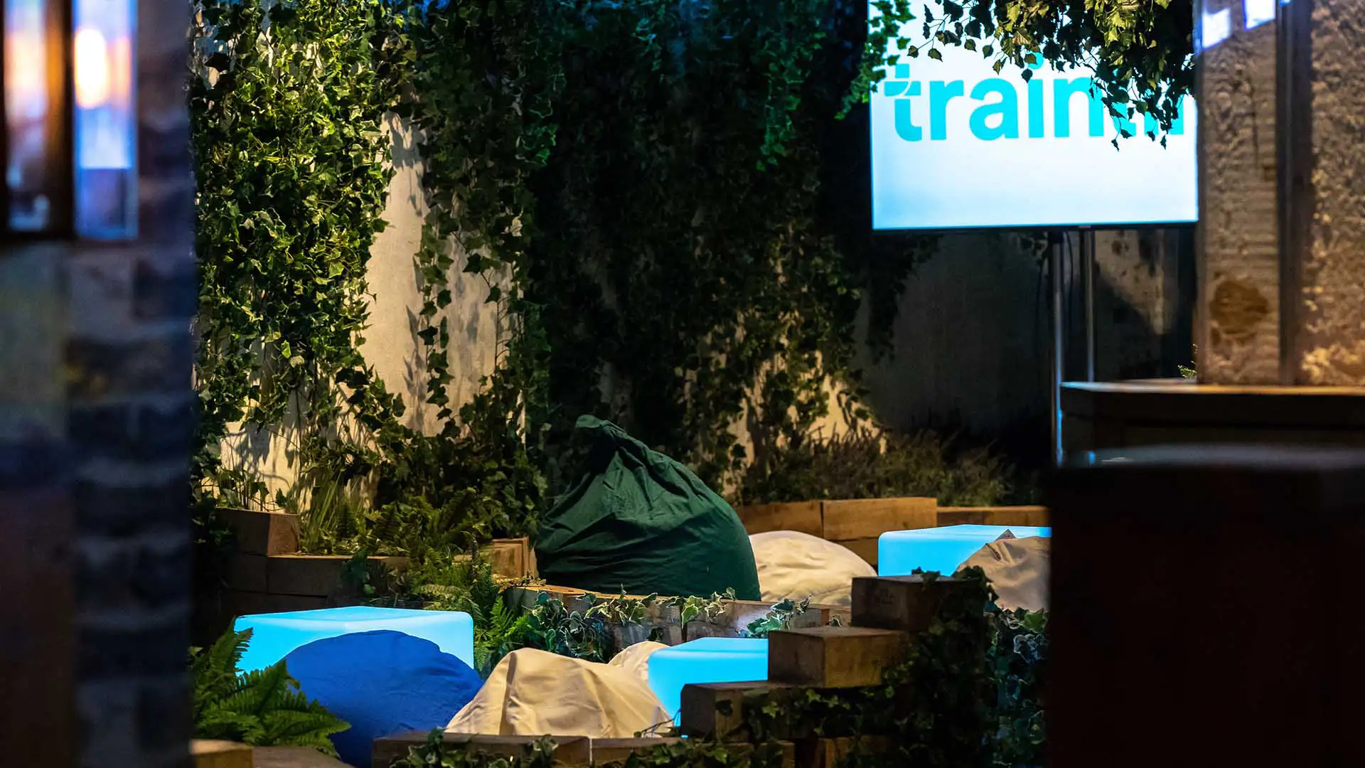 Low level seating including bean bags for relaxed atmosphere