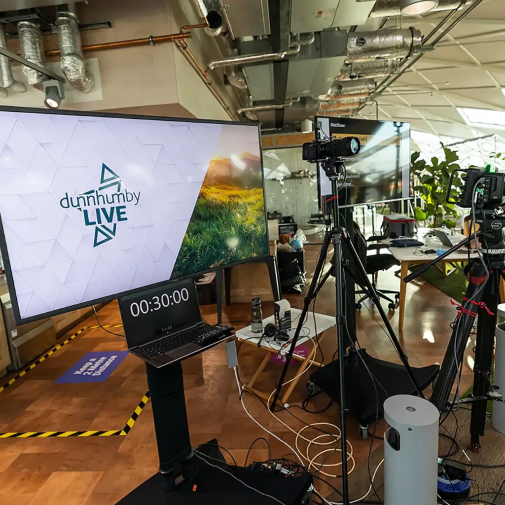 Large AV screen with bespoke virtual event branding