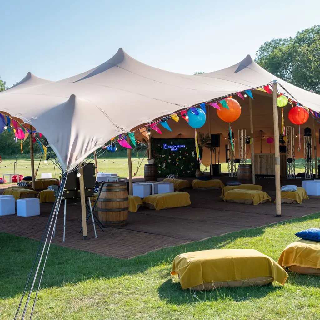 Stretch tent with strawbale seating