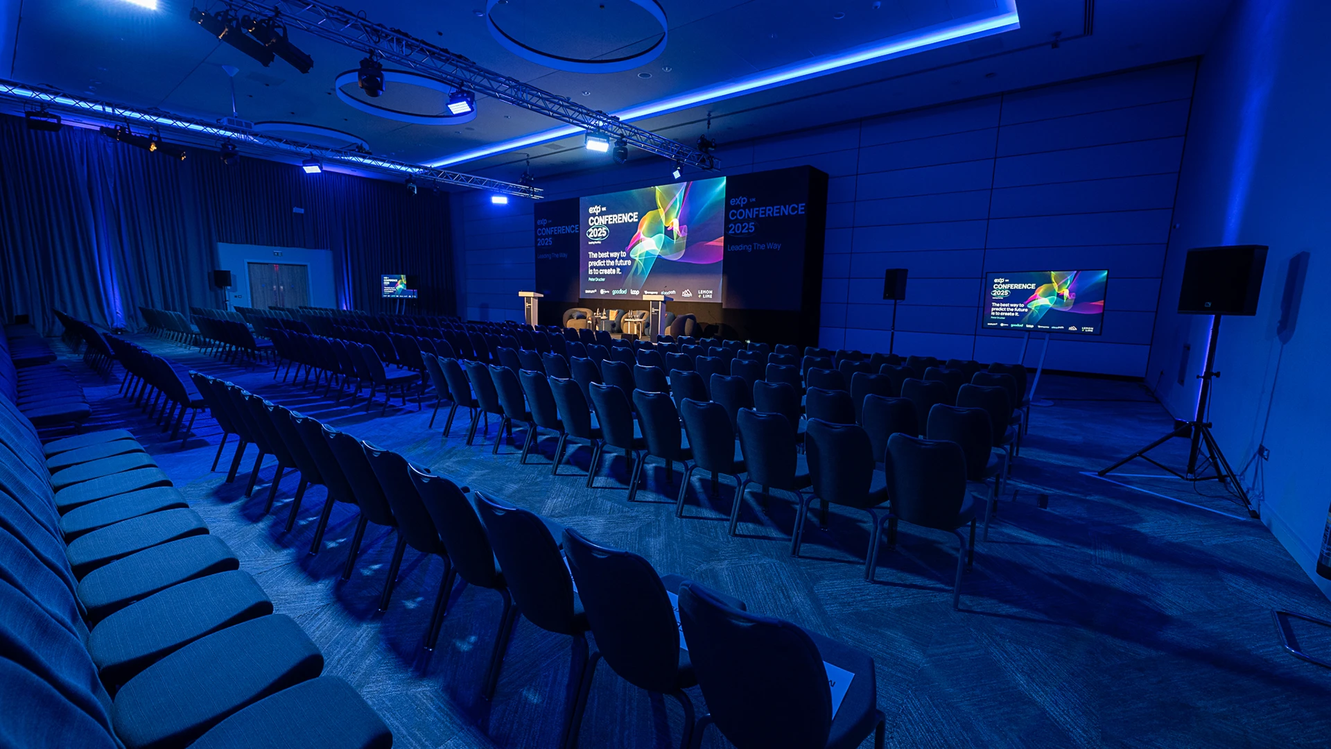 Conference room set up for 400 with production and av